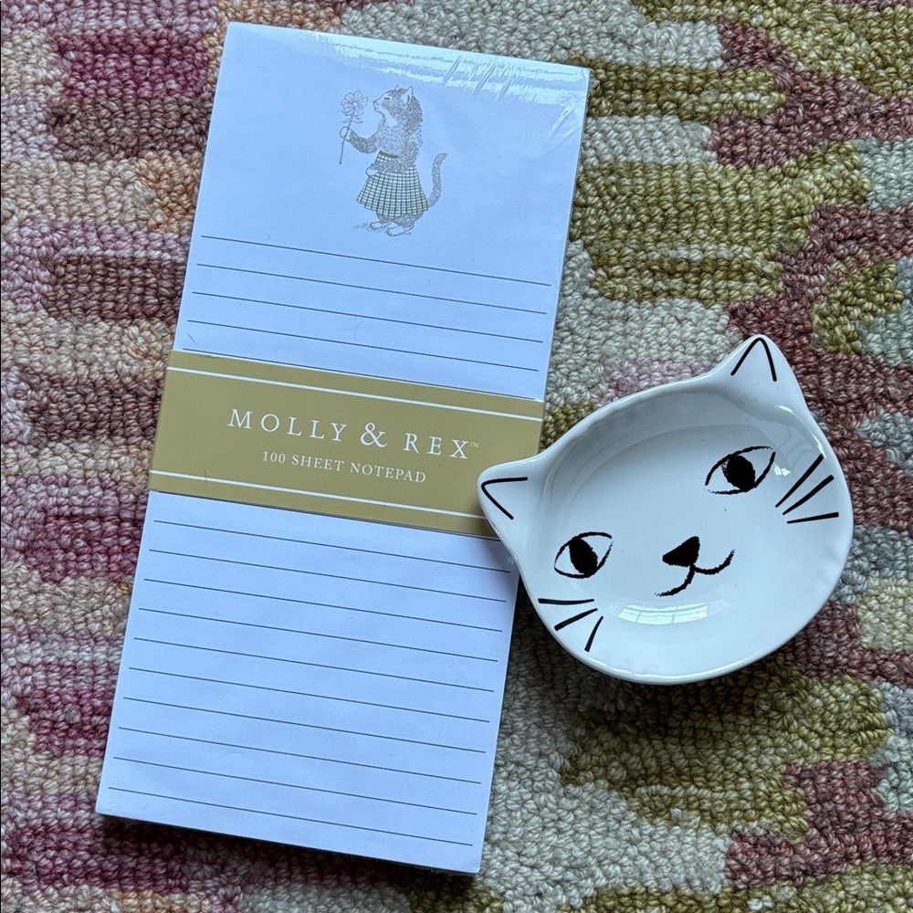 Cat x 2 Molly & Rex Girlish Cat with flower notepad + white cat face bowl